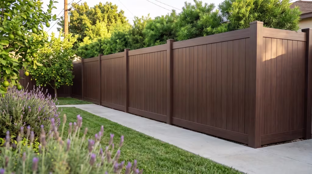 Lemon trees line the concrete walk beside this Dark Sequoia vinyl privacy fence in a compact yard