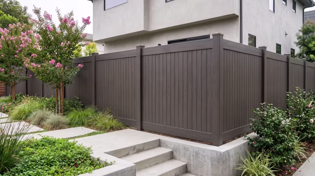Poured-concrete steps and crepe myrtle sit beside a Dark Walnut vertical privacy vinyl fence