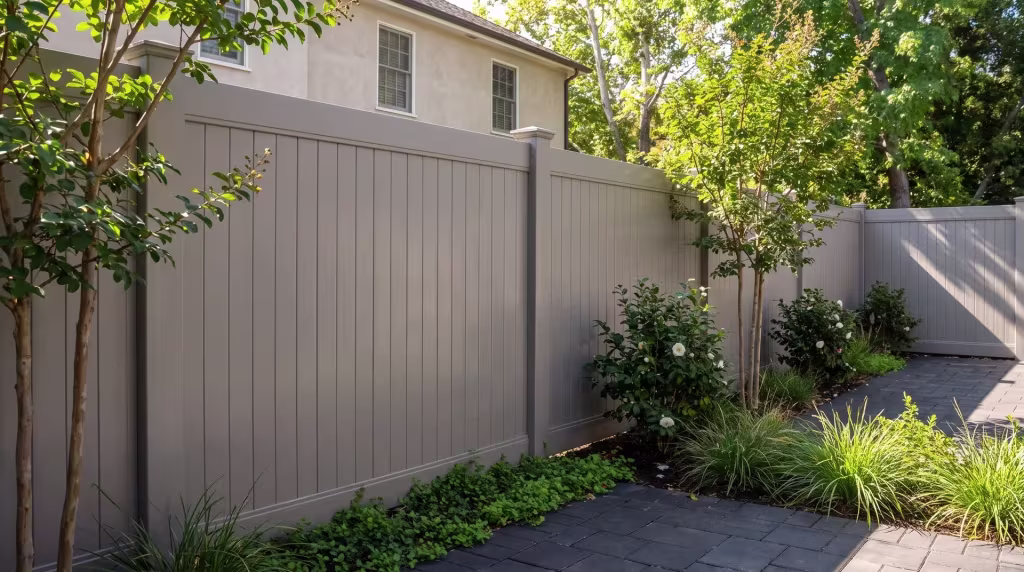 Dark charcoal pavers and camellia beds border this Gray vinyl vertical privacy fence in the rear lawn
