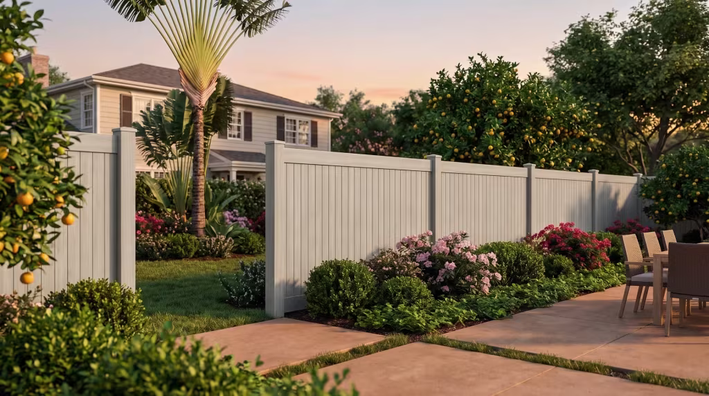 A tall fan palm and citrus trees shade this Mesquite vinyl privacy fence by the terrace