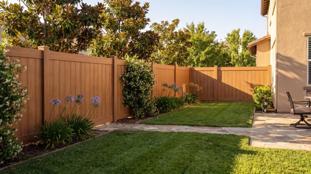 Magnolia, jasmine and a flagstone walk lead to this Sierra Blend vinyl vertical privacy fence