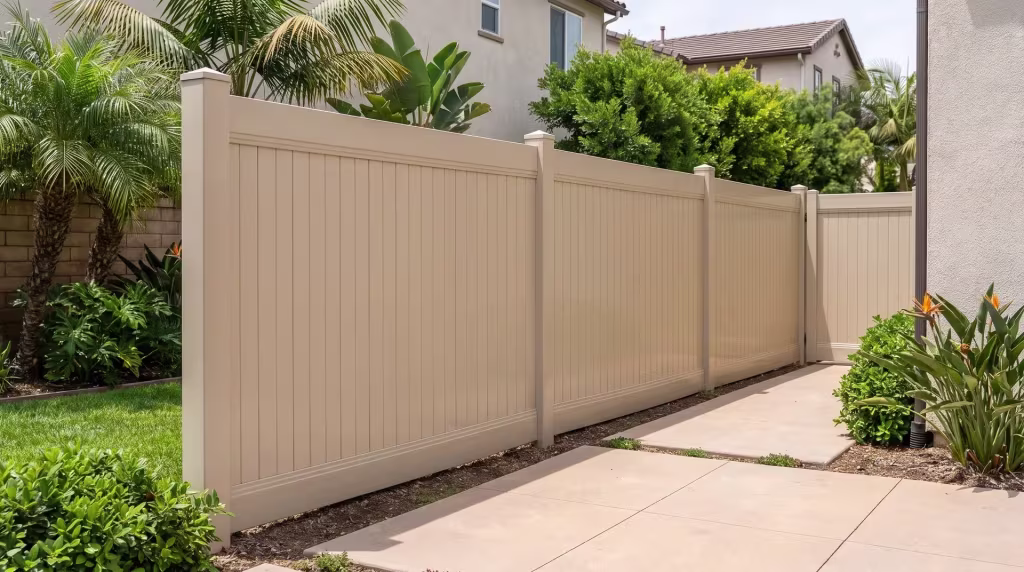Queen palms and bird-of-paradise crowd beside this Tan vinyl vertical privacy fence bordering the rear lawn