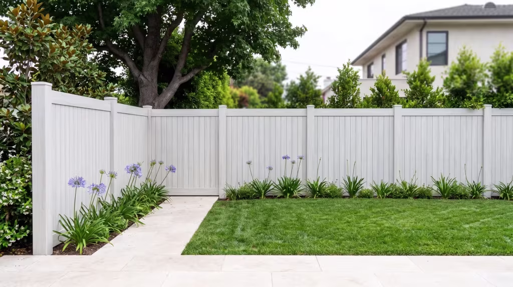 Weathered Aspen vertical privacy vinyl fencing runs beside magnolia and pale stone paving in the deep backyard