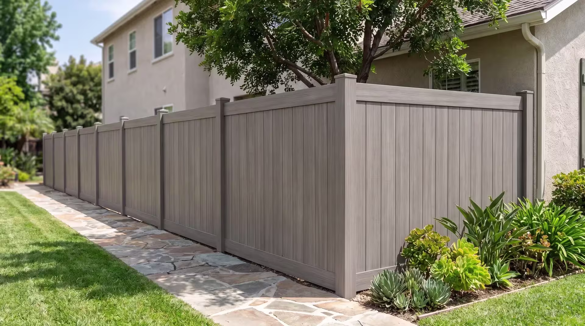 Weathered Blend vinyl vertical privacy fence bordering a deep backyard beneath a mature shade tree