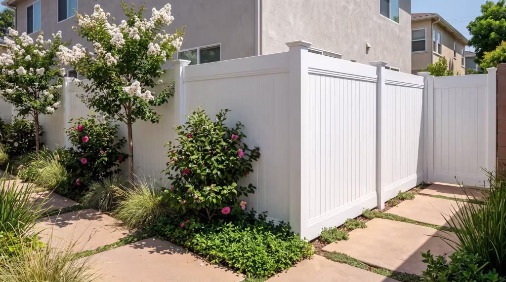 White vinyl vertical privacy fence set along concrete pavers beside crepe myrtle and camellias