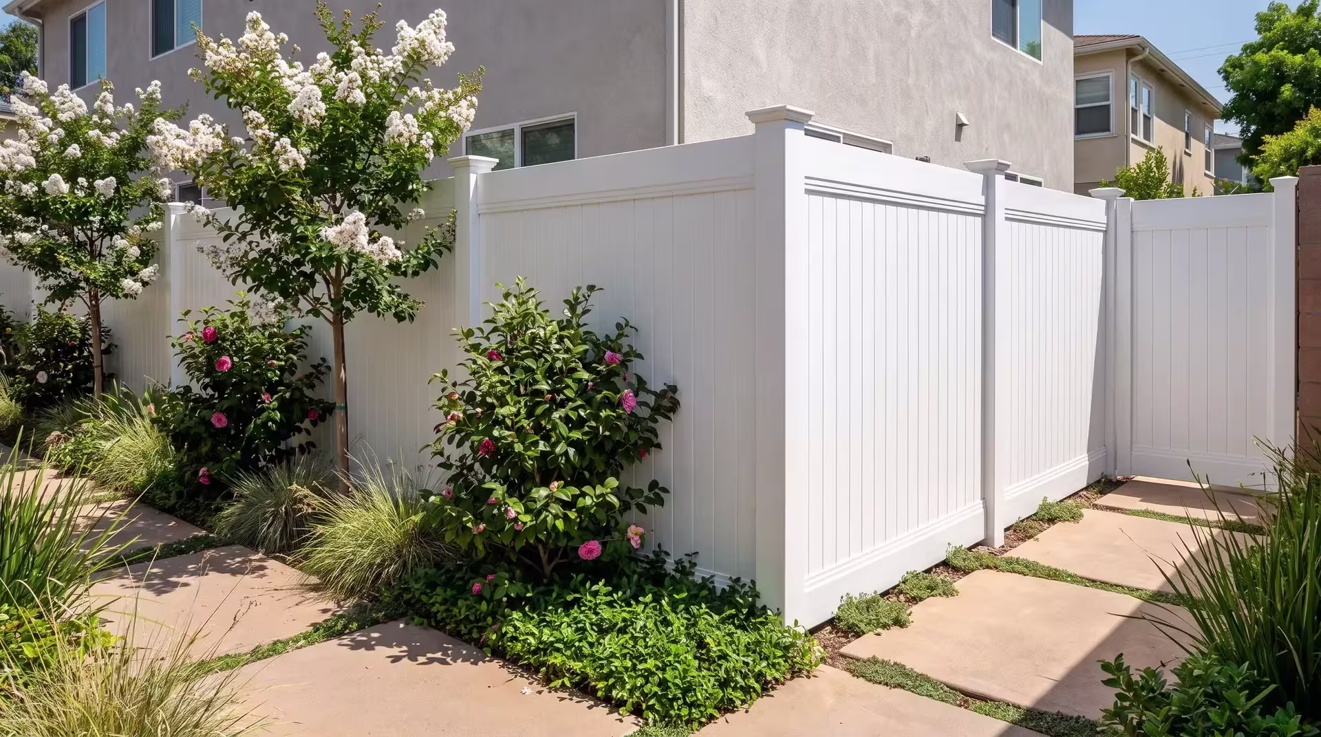 White vinyl vertical privacy fence set along concrete pavers beside crepe myrtle and camellias