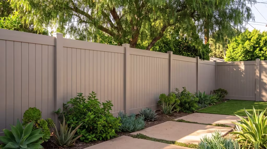 Clay vinyl vertical privacy fence closing off a compact backyard shaded by a pepper tree canopy