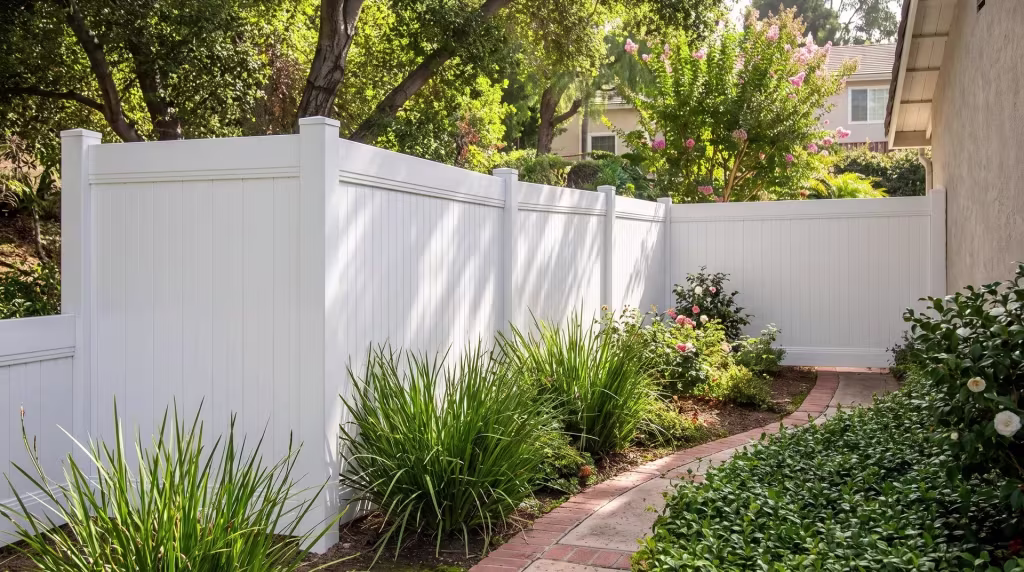 White vinyl vertical privacy fence stepping down a terraced hillside beside a brick garden path
