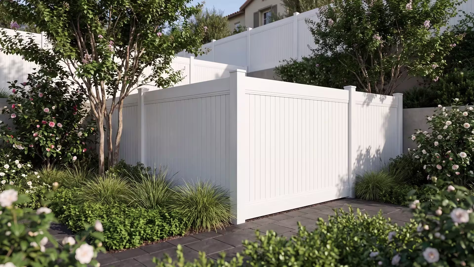 White vinyl vertical privacy fence levels a terraced hillside yard planted with camellias and crepe myrtle