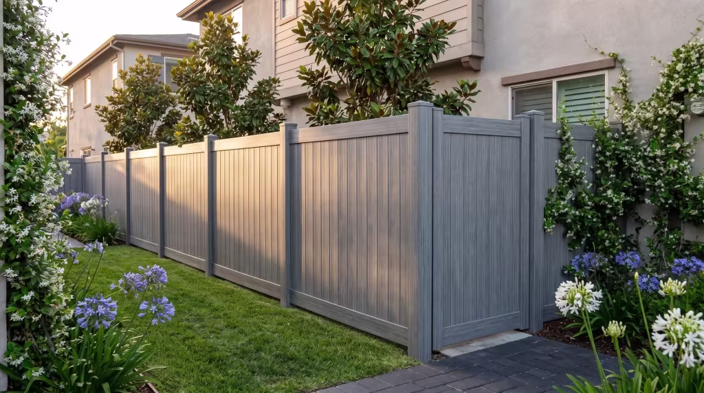Magnolia and jasmine spill over dark charcoal pavers next to an Arctic Blend privacy fence in vinyl
