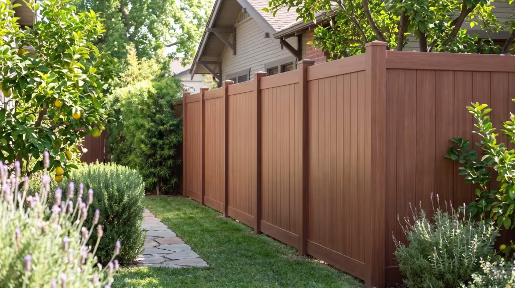 Lemon trees and lavender line the flagstone walk that runs past this Brazilian Blend vinyl privacy fence