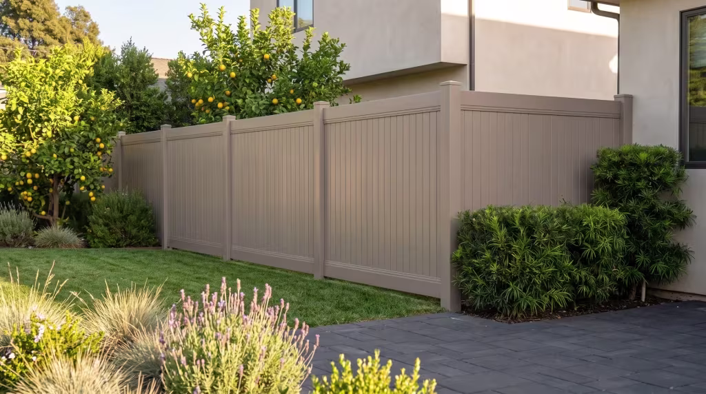 A paved patio edged with lemon trees and lavender borders this vertical privacy fence in Clay vinyl