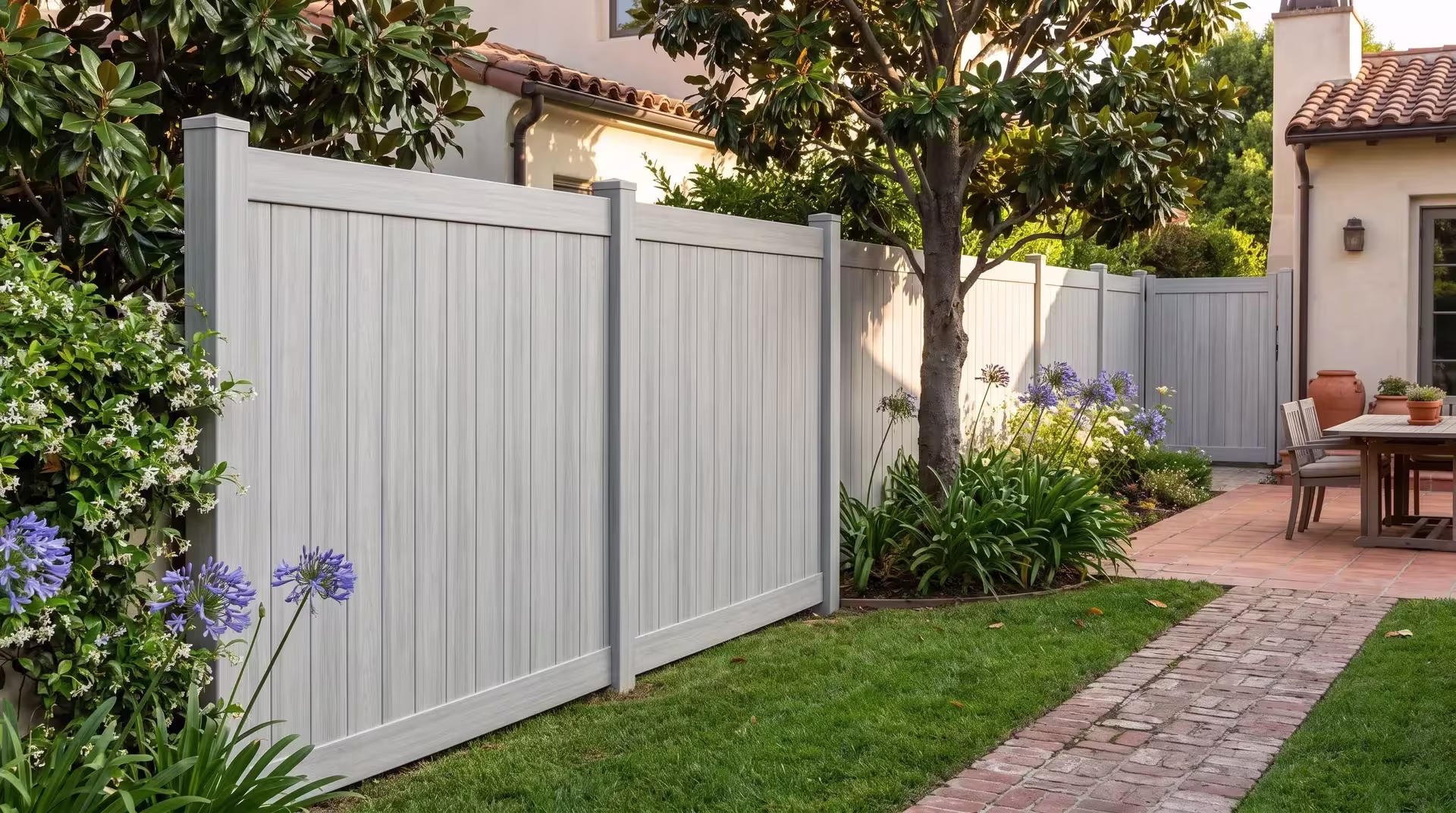A dining terrace and brick garden path sit next to a Coastal Cedar vinyl privacy fence