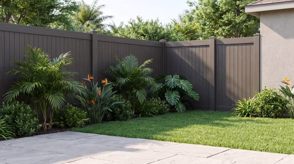Tall queen palms rise over the pale stone patio where a Dark Walnut vinyl fence stands