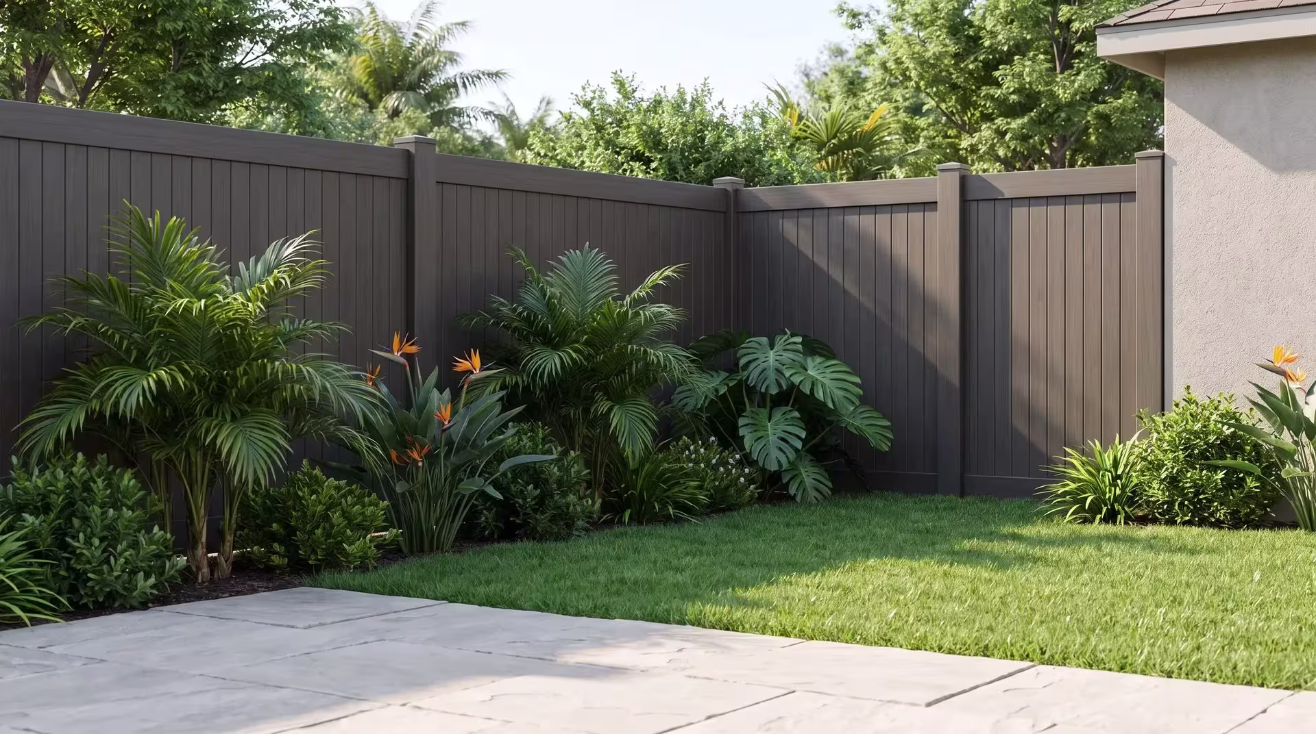 Tall queen palms rise over the pale stone patio where a Dark Walnut vinyl fence stands