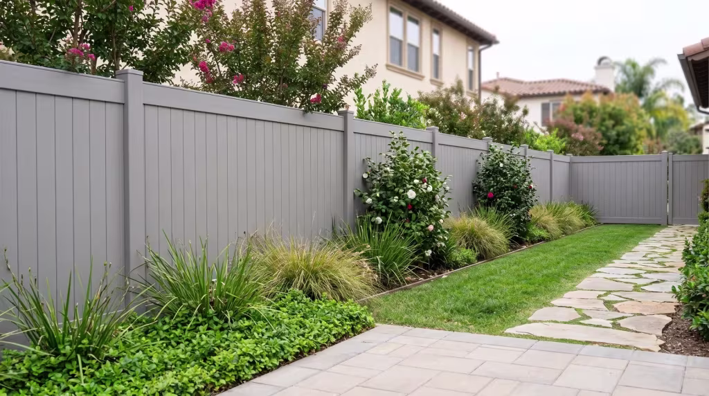 Gray vinyl vertical privacy fence following a narrow flagstone walk across a private rear lawn