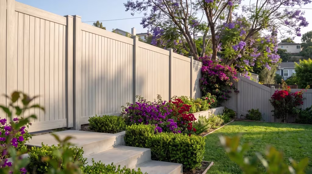 Mesquite vinyl vertical privacy fence rising beside poured concrete steps under a jacaranda canopy
