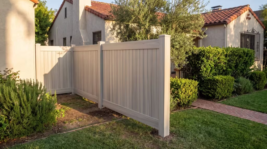 Mature olive trees and a brick garden path border this vertical privacy fence in Coastal Cedar vinyl
