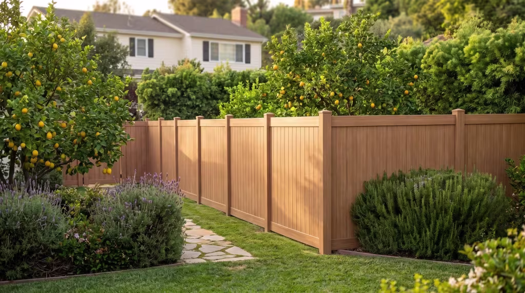 Lemon trees and lavender fill the terraced backyard a Sierra Blend vinyl fence steps through