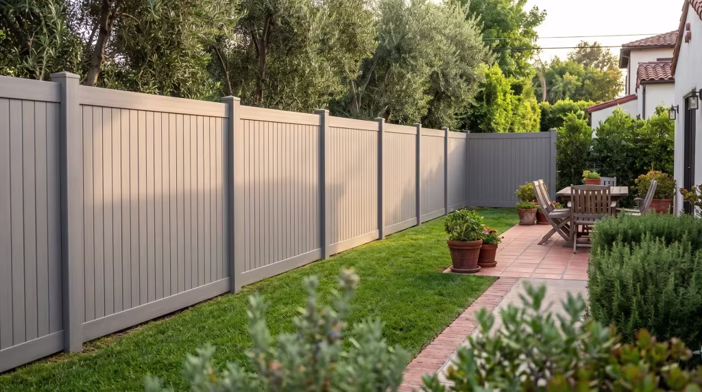 Slate Gray vinyl vertical privacy fence enclosing a dining terrace among olive trees and rosemary