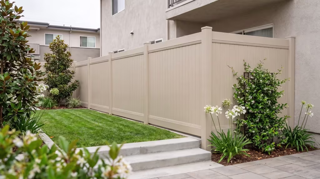 Tan vinyl vertical privacy fence positioned beside poured concrete retaining steps in a courtyard yard