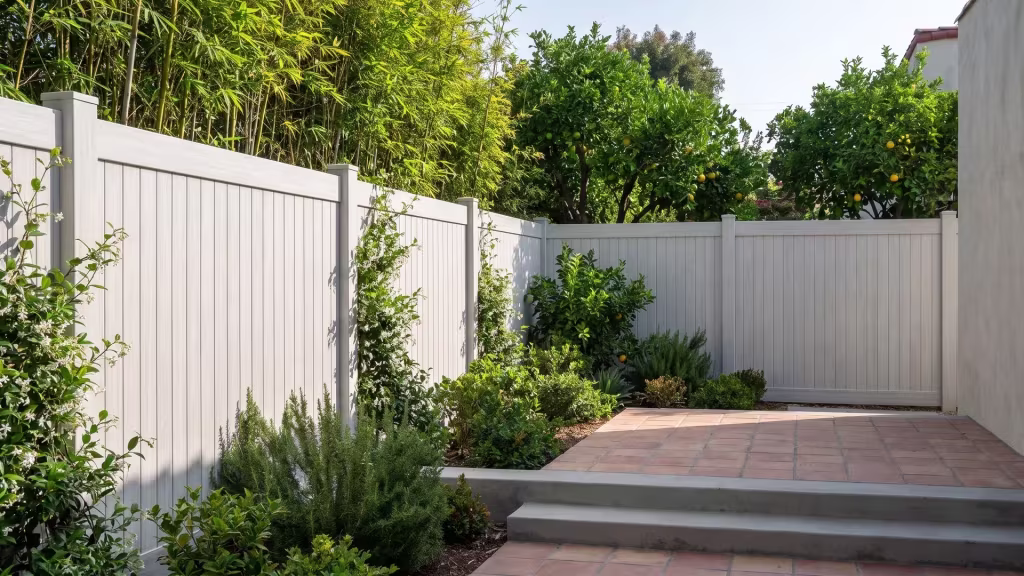 Weathered Aspen vinyl fencing rises with vertical privacy boards beside poured-concrete steps and a citrus-lined patio lawn