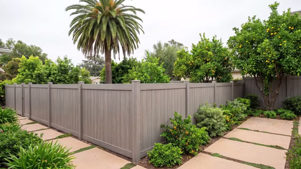Weathered Blend vinyl vertical privacy panels step down a hillside yard past a tall fan palm and citrus trees