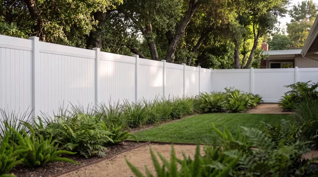 Ferns and dappled coast oak shade line the granite path next to a White privacy fence in vinyl