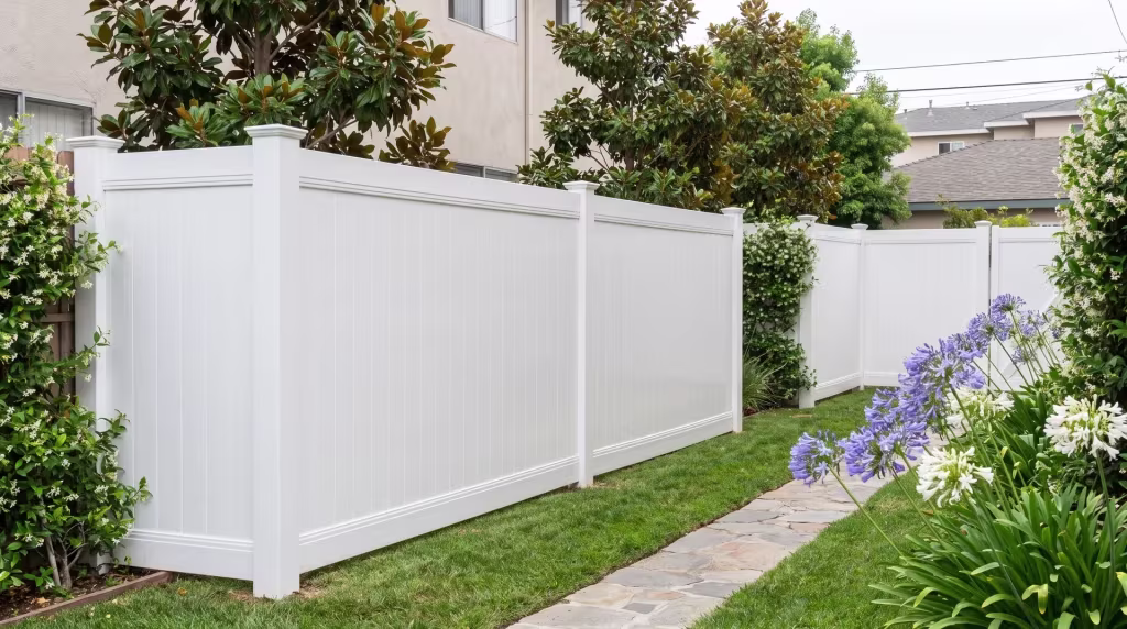 Magnolia and jasmine crowd the narrow yard a White vertical fence in vinyl closes off