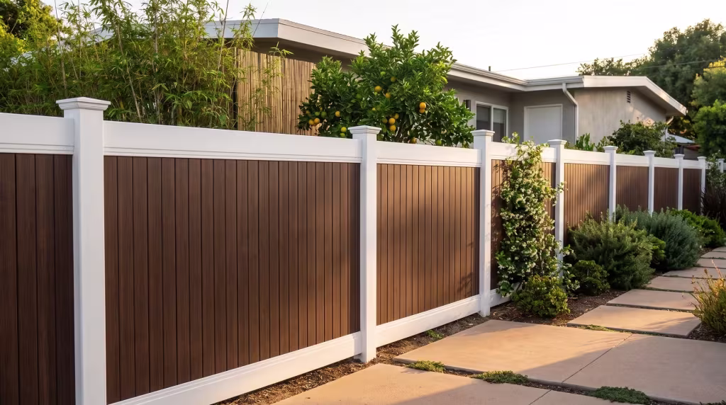 A bamboo screen backs this vinyl vertical privacy fence, White framing paired with Dark Sequoia boards
