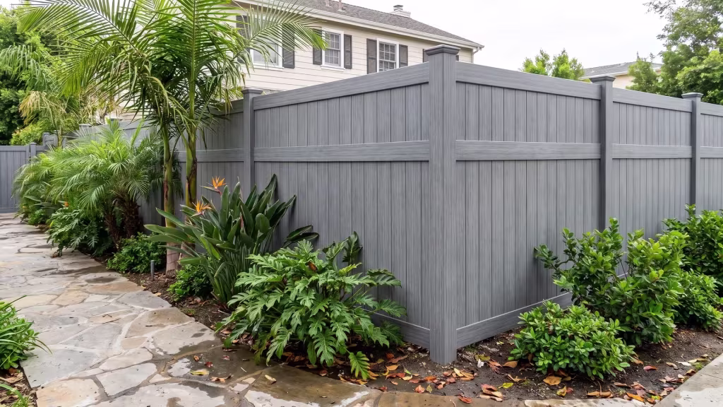 Arctic Blend vertical privacy vinyl fencing runs the narrow side yard of a two-story home past queen palms and shrubs