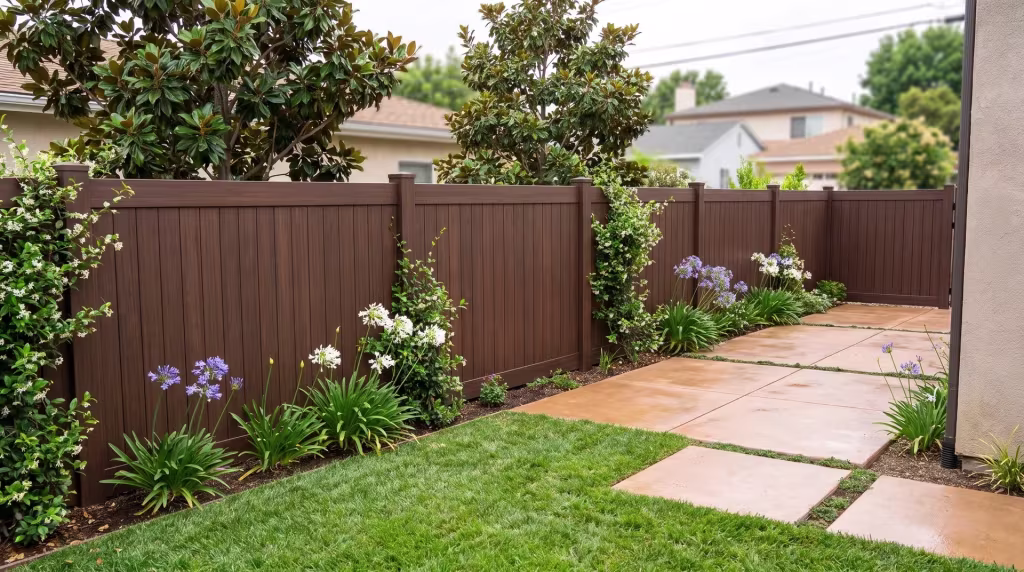 Magnolia and jasmine crowd the paved patio a Dark Sequoia vinyl fence closes off
