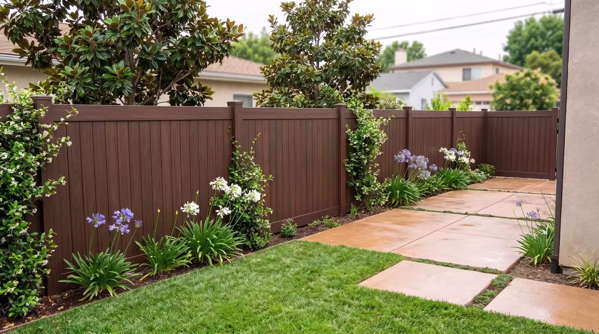 Magnolia and jasmine crowd the paved patio a Dark Sequoia vinyl fence closes off