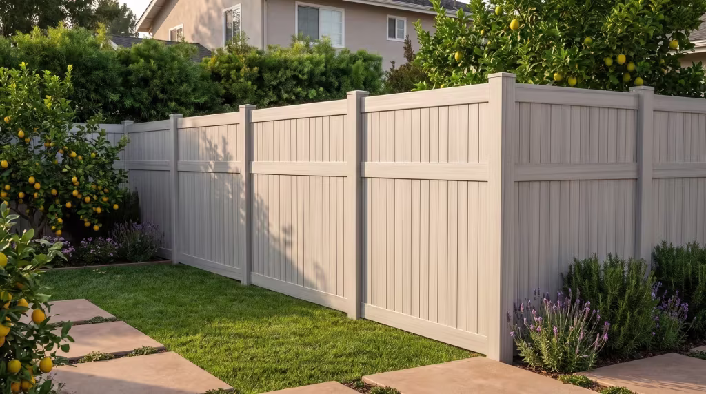 Warm concrete pavers and lemon trees frame a vertical privacy fence finished in Coastal Cedar vinyl
