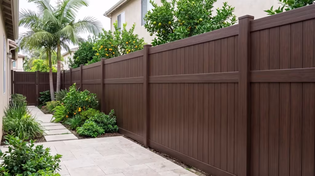 Pale stone paving beneath a tall fan palm meets this vertical privacy fence in Dark Sequoia vinyl