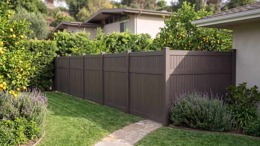 Dark Walnut vinyl vertical privacy fence steps down a hillside yard among lemon trees and lavender