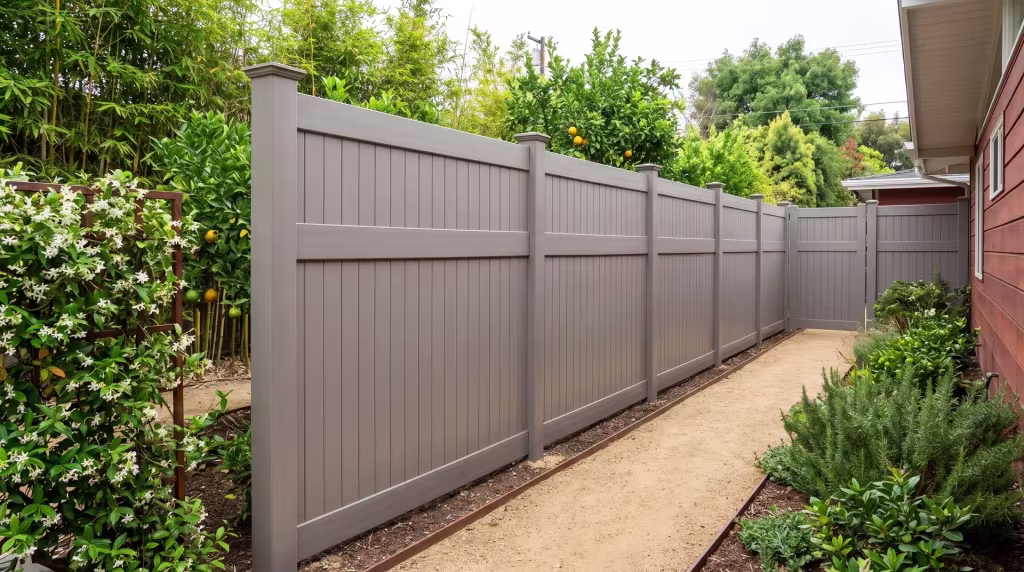 Gray vinyl vertical privacy fence set behind a bamboo screen along a decomposed granite path