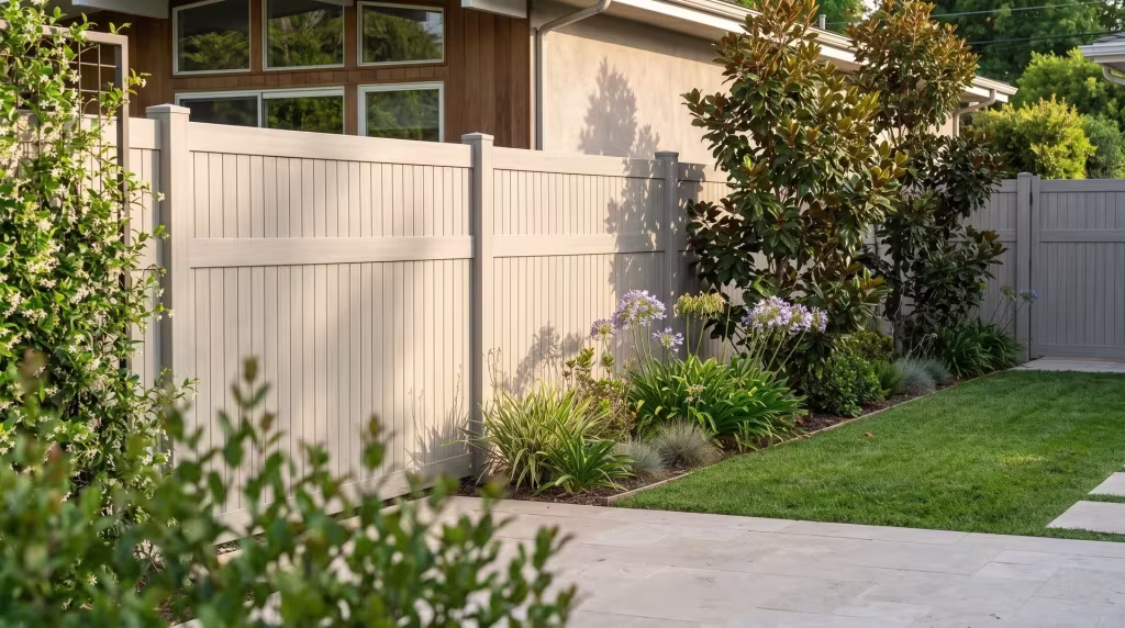 Pale stone paving runs beside Mesquite vinyl vertical privacy fencing framed by magnolia and jasmine at this ranch home