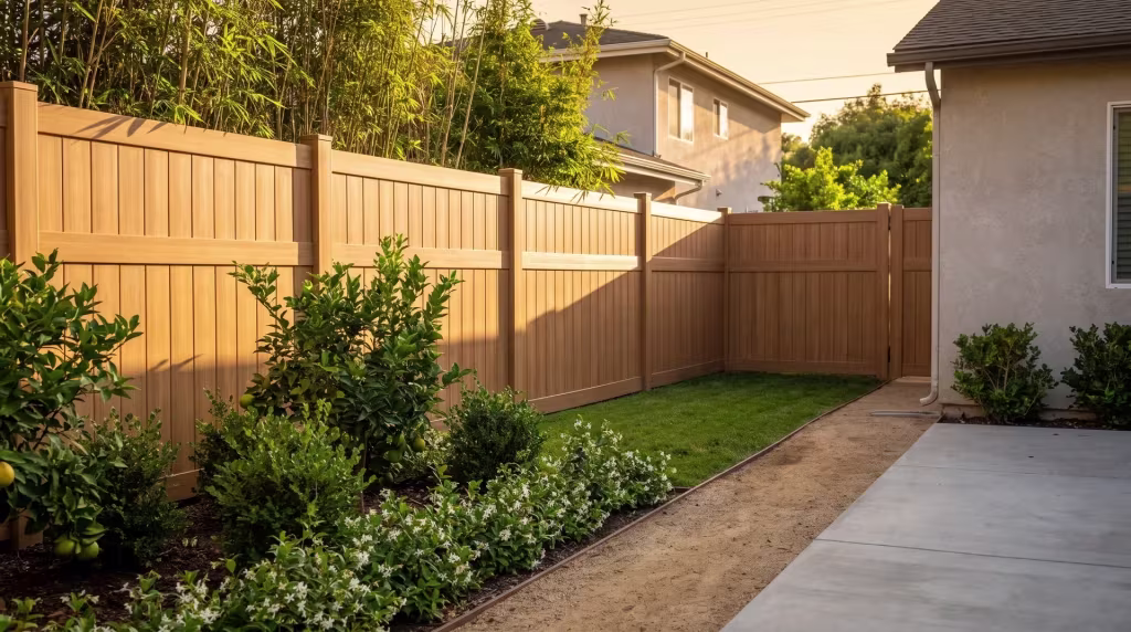 A decomposed granite path leads to Sierra Blend vertical privacy vinyl fencing behind this landscaped duplex