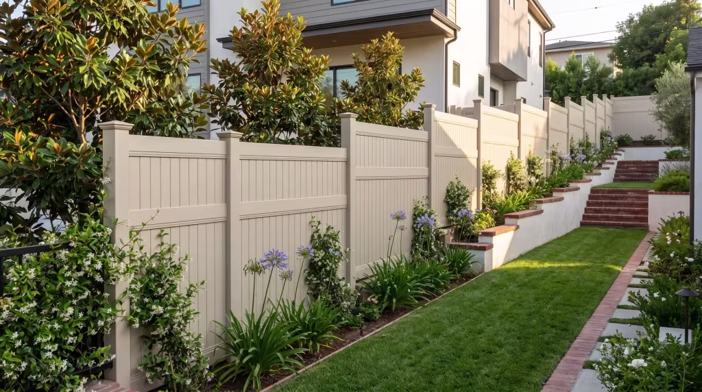 A brick-edged garden path climbs past Tan vinyl vertical privacy fencing on this terraced hillside beside a modern home