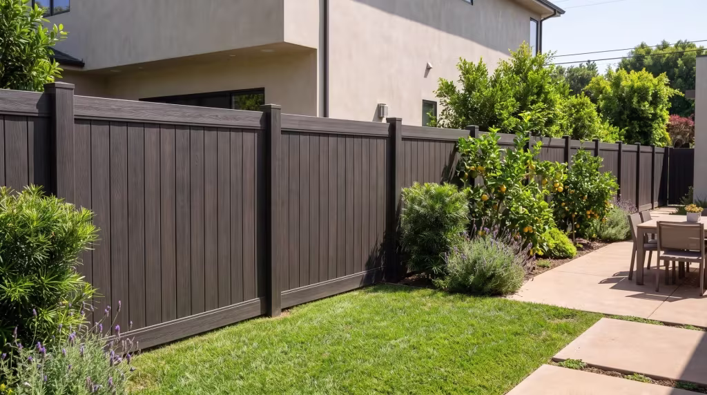 Warm concrete pavers border Dark Walnut vinyl vertical privacy fencing beside this stucco home's dining terrace