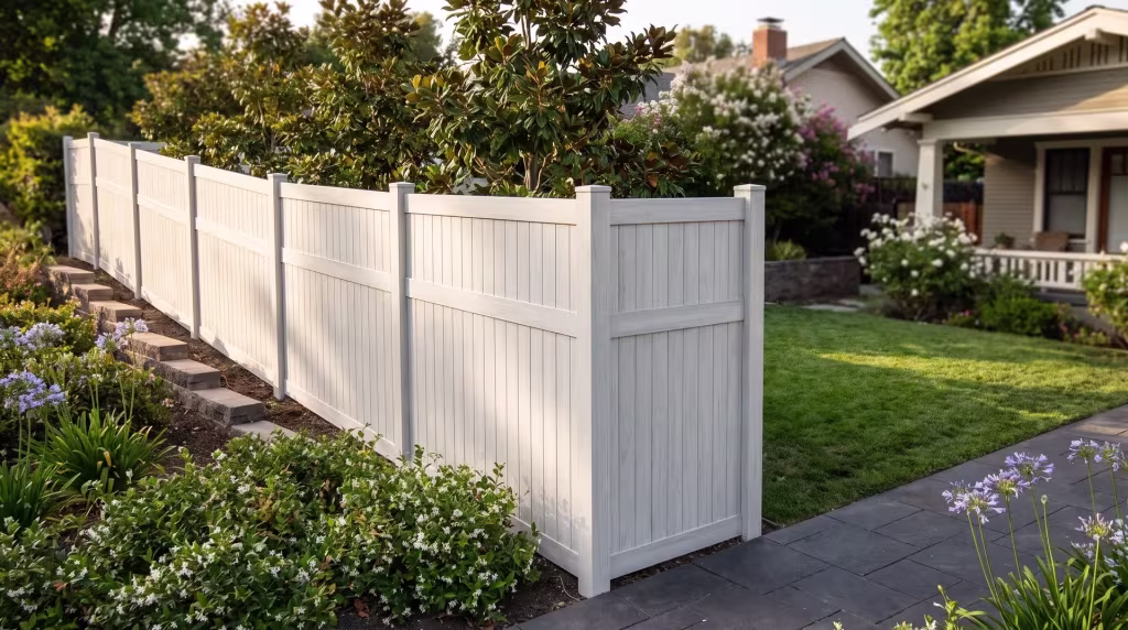 Dark charcoal pavers soften the base of Weathered Aspen vinyl vertical privacy fencing on this Craftsman bungalow's hillside