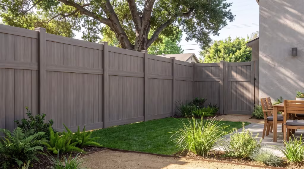 Coast live oak shade falls over this Weathered Blend vinyl fence, its vertical privacy boards beside a duplex terrace