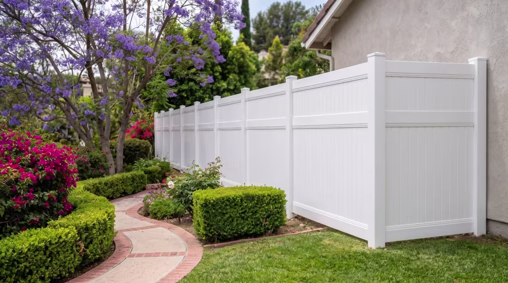 White vinyl vertical privacy fencing runs beneath a jacaranda canopy along this hillside home's brick garden path