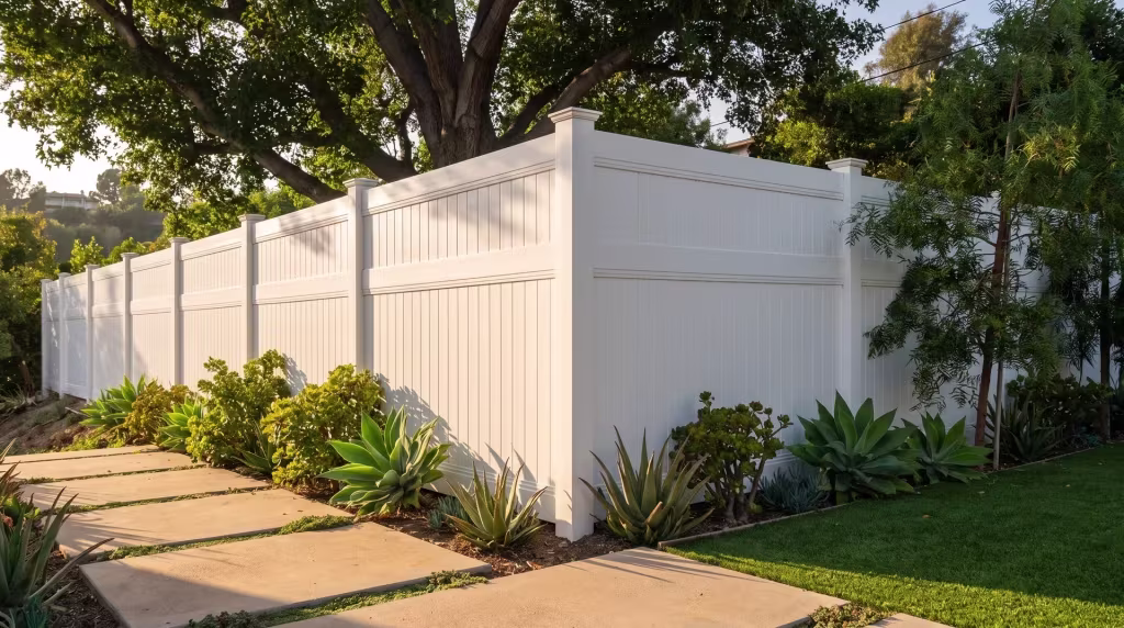 A deep backyard shade tree rises beside White vinyl vertical privacy fencing at this hillside residence's concrete pavers