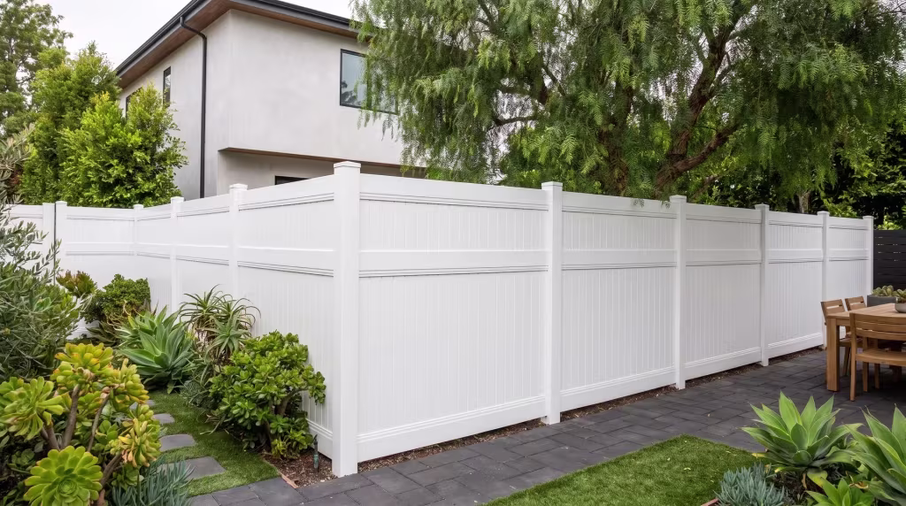 Dark charcoal pavers soften the ground where White vinyl vertical privacy fencing meets a stucco home's dining terrace