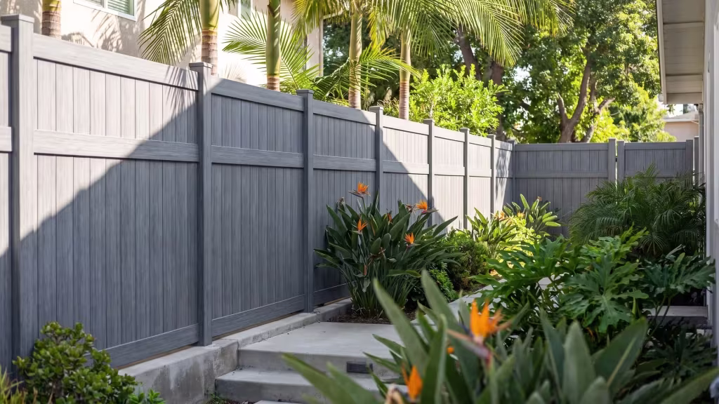 Arctic Blend vinyl vertical privacy fence closes a narrow side-and-rear yard beside poured-concrete retaining steps