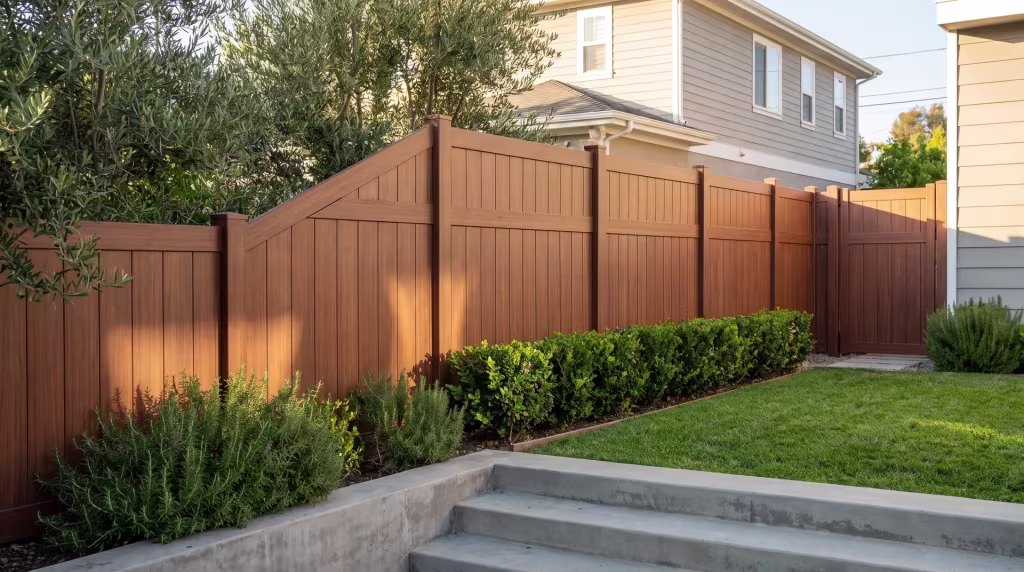 Poured-concrete steps frame Brazilian Blend vinyl vertical privacy fencing beside this two-story home's olive trees
