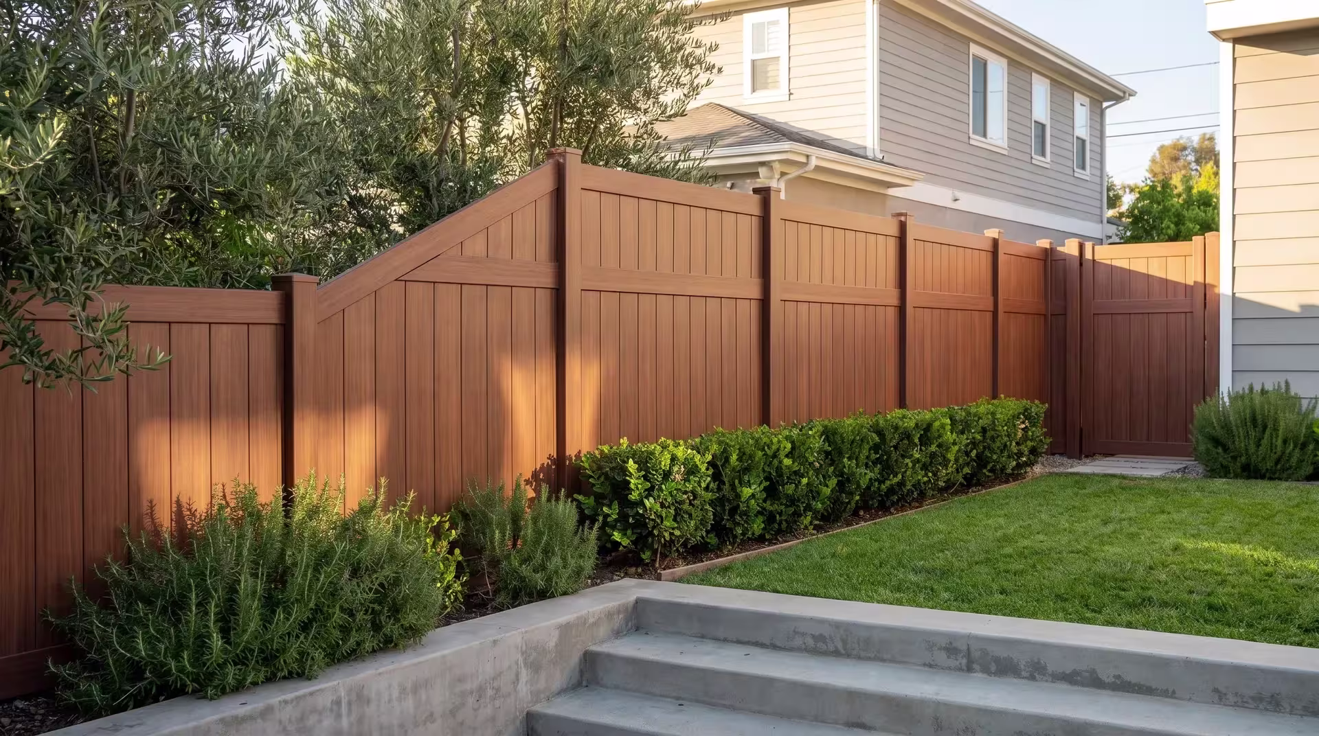 Poured-concrete steps frame Brazilian Blend vinyl vertical privacy fencing beside this two-story home's olive trees