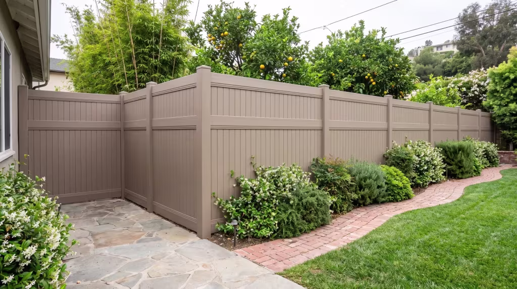 A brick-edged garden path runs beside Clay vinyl vertical privacy fencing and a bamboo screen at this hillside home